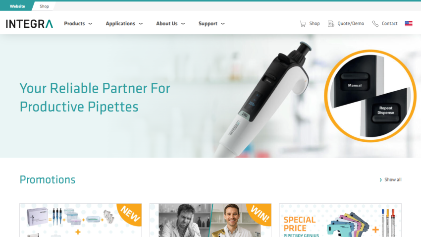 Homepage of Integra featuring pipettes with tagline 'Your Reliable Partner For Productive Pipettes' and promotions section