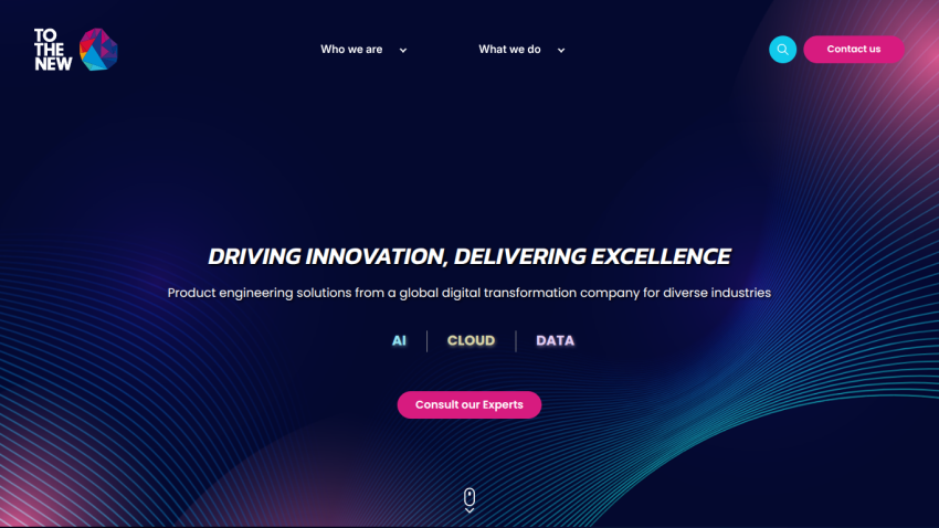 Homepage of a digital transformation company offering product engineering solutions in AI, Cloud, and Data
