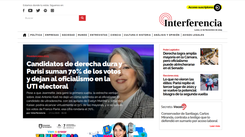 News site Interferencia with headline on right-wing candidates and Parisi gaining 70% of votes, plus other political news