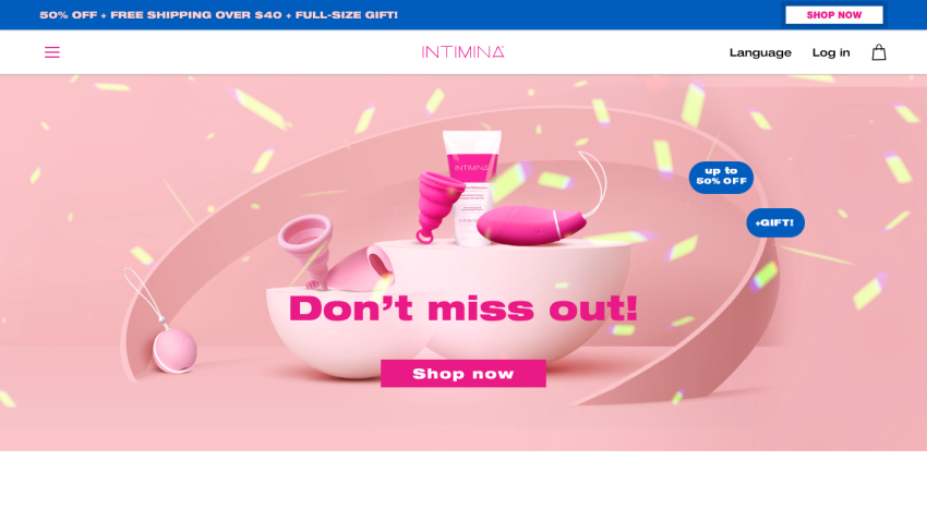 Pink-themed product promotion with menstrual cups, moisturizer, and vibrator, offering up to 50% off and a gift