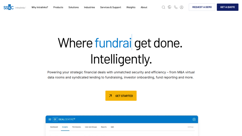 Homepage featuring a tagline about intelligent fundraising solutions and a call to action button.
