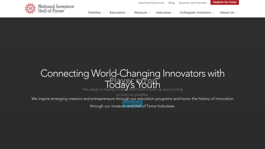 Homepage promoting innovation and education for youth with a clear mission statement.