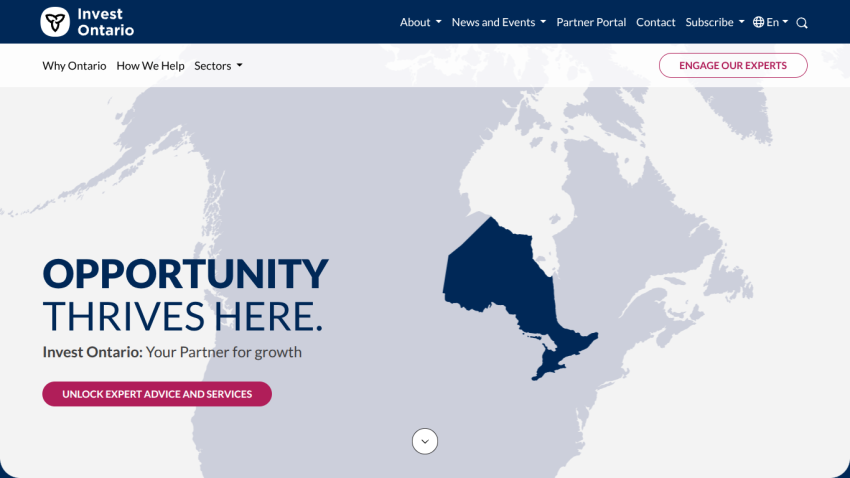 Invest Ontario homepage with navigation and hero section stating 'Opportunity thrives here' and a map highlighting Ontario