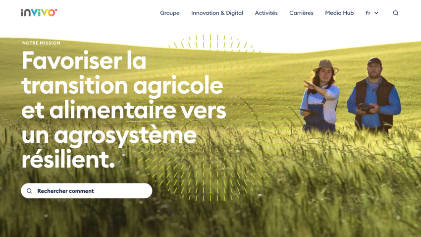 Homepage promoting agricultural and food transition towards a resilient agrosystem with search bar and navigation menu