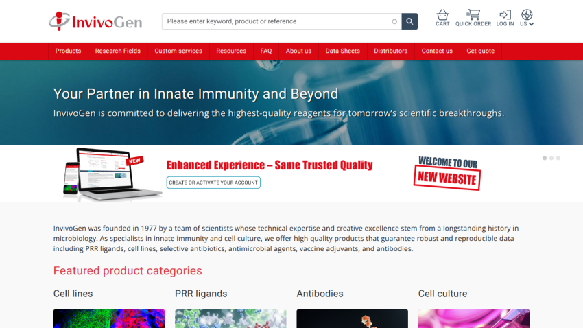 InvivoGen homepage with navigation, search bar, hero banner about immunity, and featured product categories