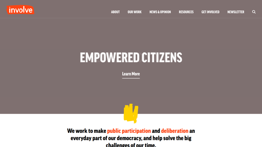 Website header with navigation and hero section titled Empowered Citizens promoting public participation and deliberation in democracy