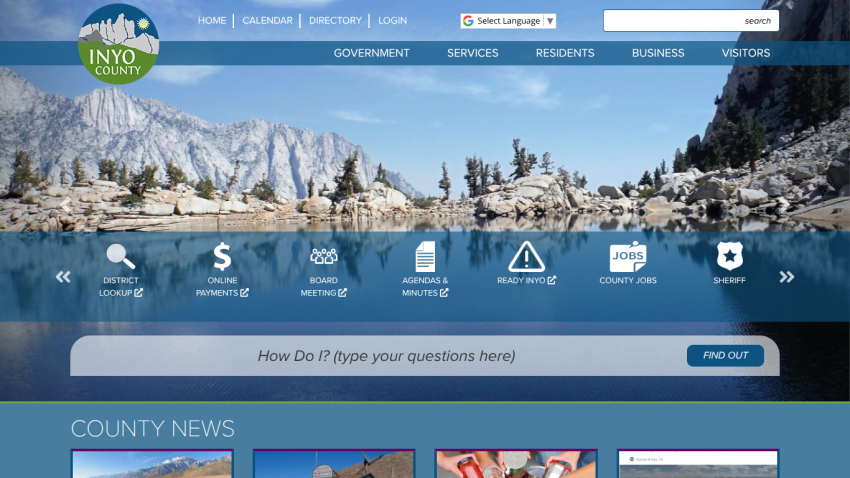 Inyo County official website with navigation menu, search bar, and links to district lookup, payments, meetings, jobs, and sheriff