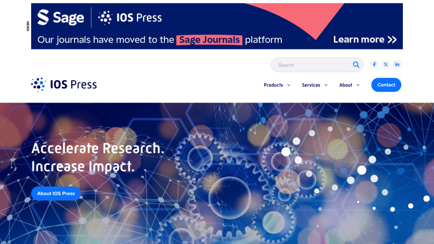 Homepage of IOS Press featuring a tagline about research impact and navigation options.