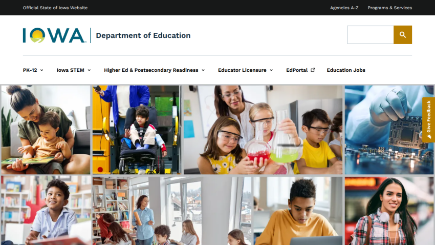 Iowa Department of Education homepage featuring diverse educational activities and resources.