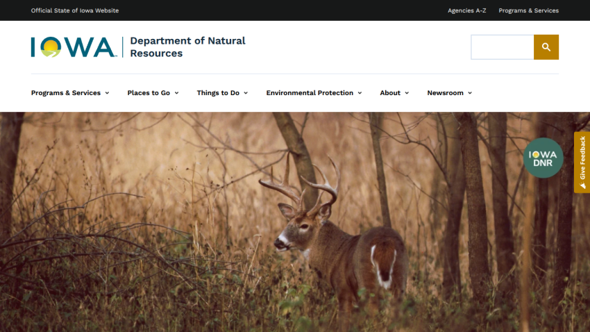 Homepage of Iowa Department of Natural Resources featuring a deer in a natural setting.