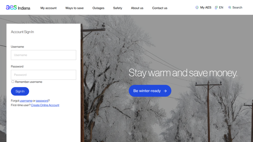 AES Indiana sign-in page with winter-themed background and prompt to stay warm and save money