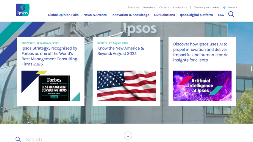 Ipsos website showcasing recent reports and innovations with a focus on consulting and AI.