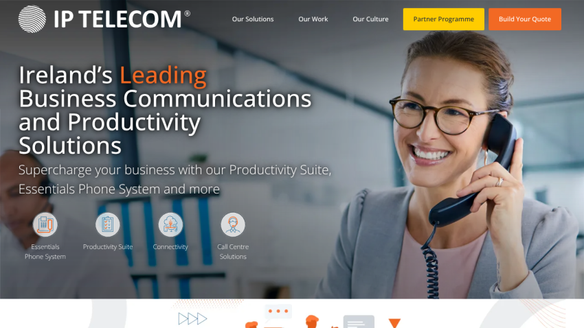 IP Telecom homepage highlighting Ireland's leading business communications and productivity solutions with navigation and call to action buttons