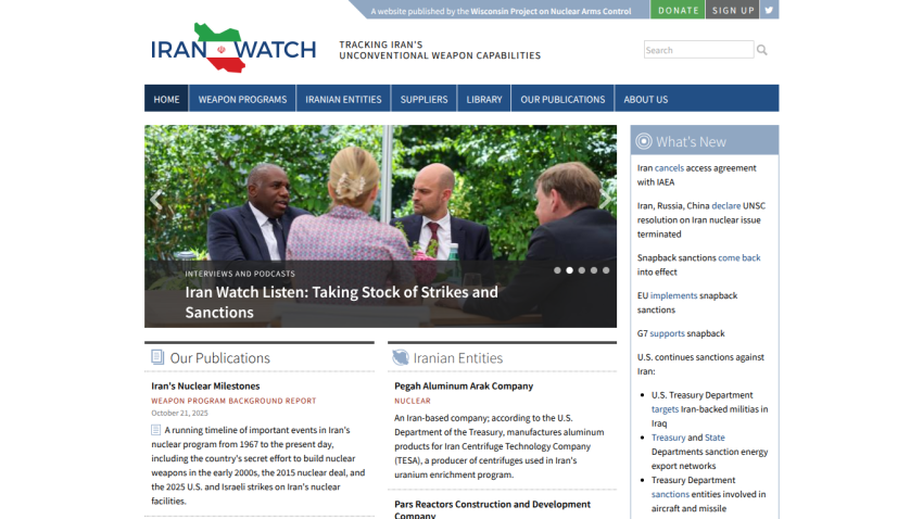Iran Watch website homepage tracking Iran's unconventional weapon capabilities with news, publications, and entity info