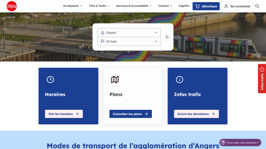 Public transport website for Angers with route planner, schedules, maps, and traffic info