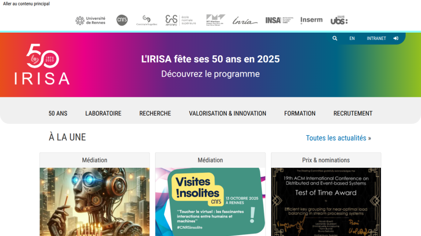 IRISA website celebrating its 50th anniversary with program highlights and featured activities.