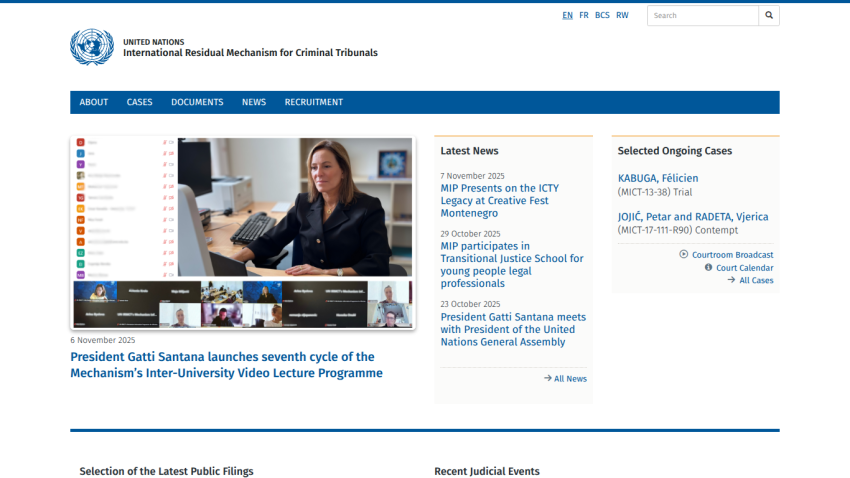 UN International Residual Mechanism for Criminal Tribunals homepage with news, ongoing cases, and video lecture programme announcement