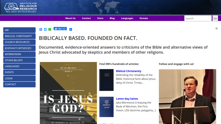Institute for Religious Research homepage with navigation links and featured content on biblical Christianity and other beliefs
