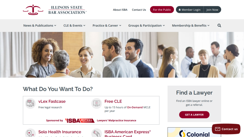 Illinois State Bar Association homepage featuring services and resources for legal professionals.