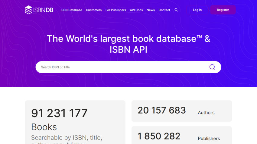 Homepage of ISBN DB showing book statistics and search functionality.