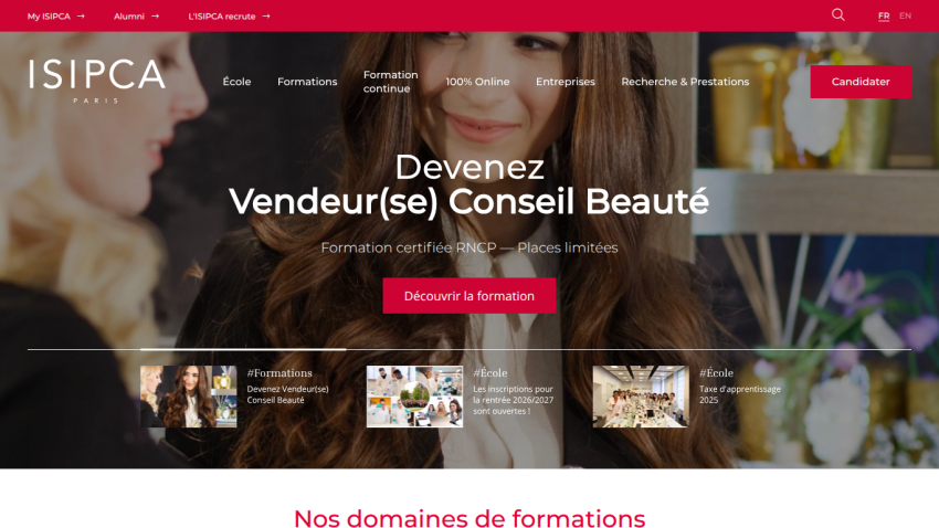 Homepage of ISIPCA featuring a beauty training program with a call to action.