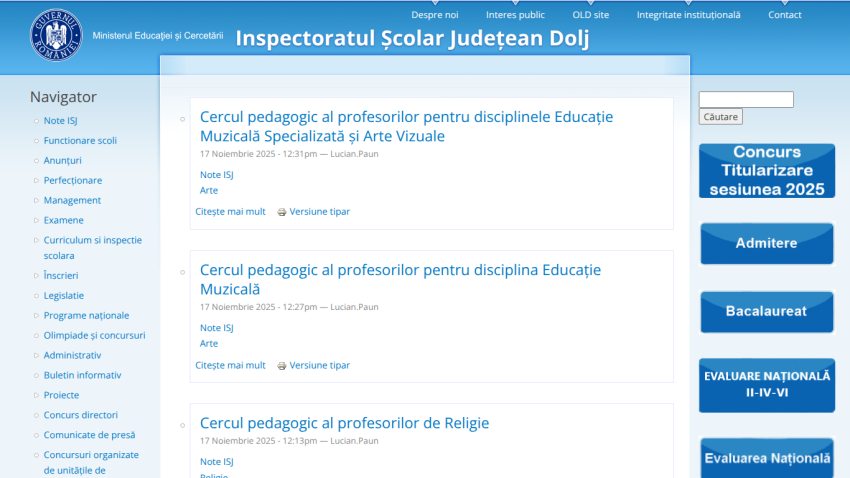 Inspectoratul Școlar Județean Dolj website with navigation menu and recent pedagogic circle announcements for music and religion disciplines