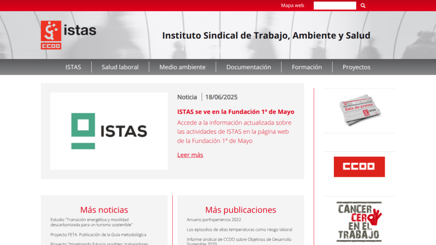Instituto Sindical de Trabajo, Ambiente y Salud website with news and navigation menu in Spanish