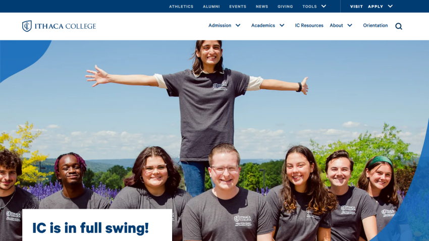 Ithaca College homepage featuring students outdoors with the text 'IC is in full swing!'