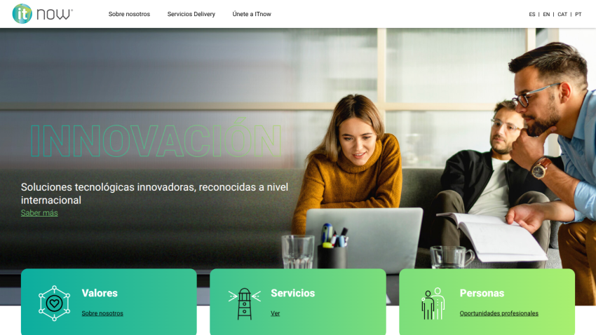 ITnow website with innovation theme, showcasing technological solutions and navigation links in Spanish
