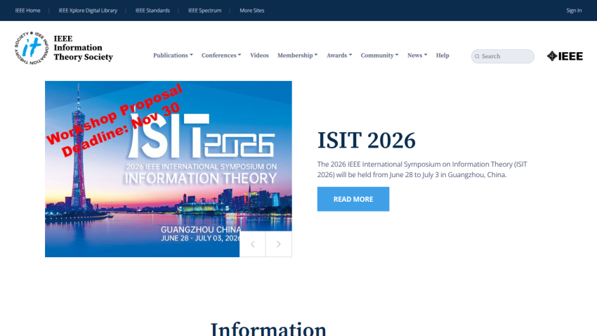 IEEE Information Theory Society homepage featuring ISIT 2026 symposium announcement in Guangzhou, China, June 28 - July 3