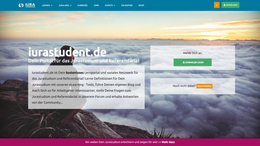 Homepage of iurastudent.de featuring a scenic background and call-to-action buttons.