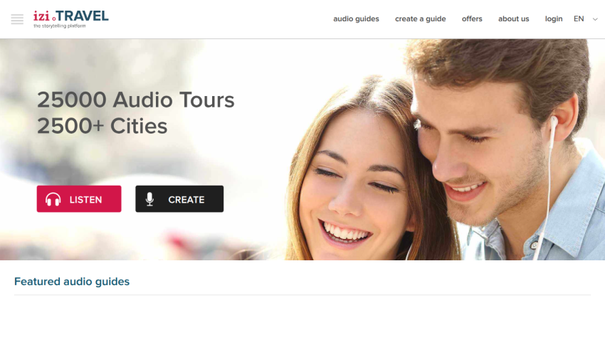 Homepage featuring audio tours with a call to action to listen or create.