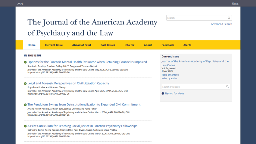 Homepage of the Journal of the American Academy of Psychiatry and the Law with articles listed.