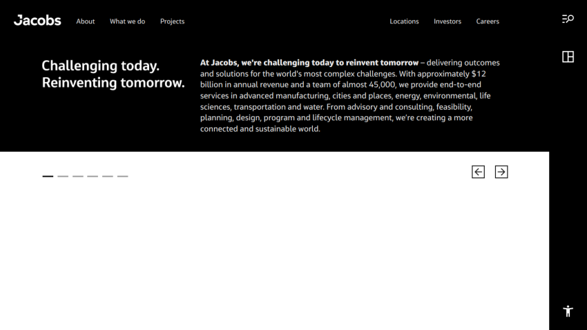 Jacobs website featuring a tagline about challenging today and reinventing tomorrow.