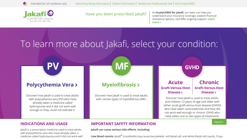 Jakafi medication site with options to learn about conditions treated: Polycythemia Vera, Myelofibrosis, and Graft-Versus-Host Disease