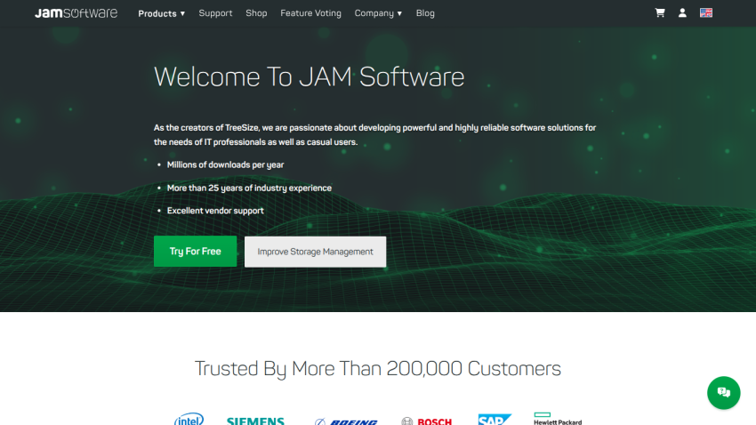 Homepage of JAM Software featuring a welcome message and call to action for storage management.