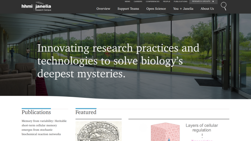 Homepage featuring research practices and technologies in biology with a prominent tagline.