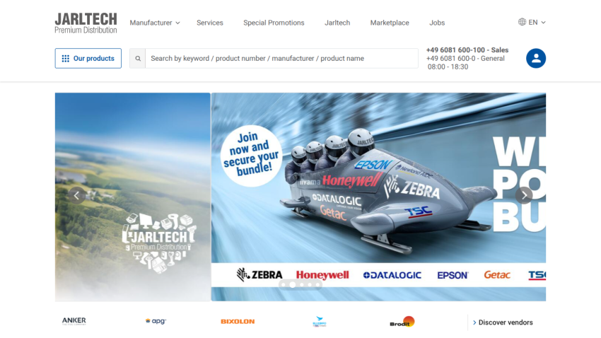 Jarltech premium distribution website with navigation, search bar, contact info, and promotional hero images featuring technology brands