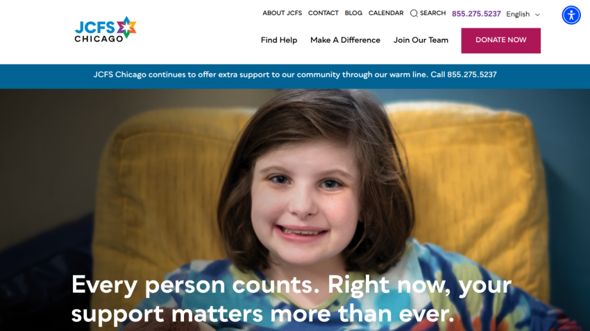 JCFS Chicago website with navigation, support hotline, and message about the importance of community support