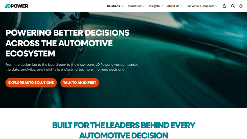 Homepage of J.D. Power showcasing automotive ecosystem solutions with call-to-action buttons.