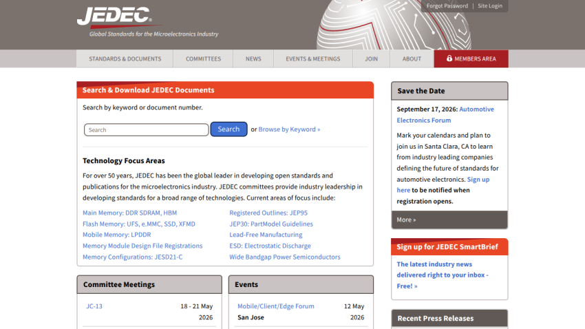 JEDEC homepage with search bar and technology focus areas listed.