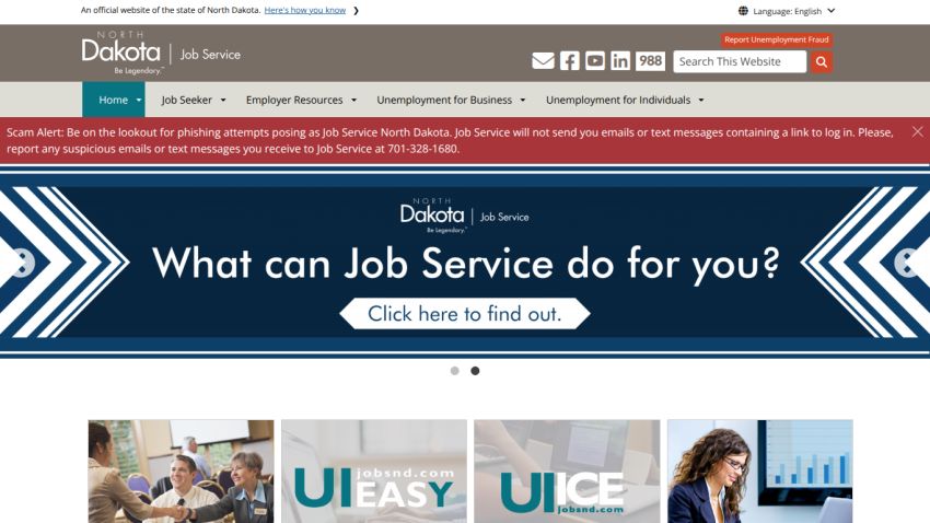 North Dakota Job Service homepage with navigation, scam alert, and hero banner inviting users to find out what Job Service can do for them