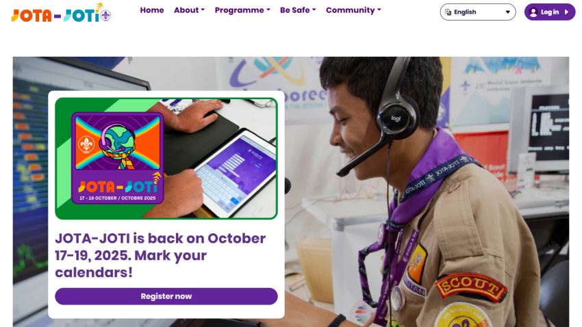 JOTA-JOTI event announcement for October 17-19, 2025 with registration button and scout imagery