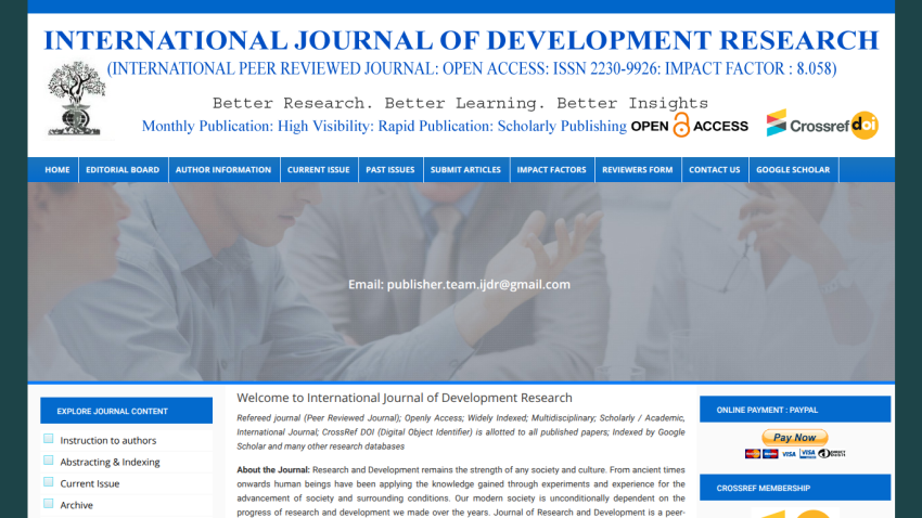 Homepage of the International Journal of Development Research with navigation and introductory text.