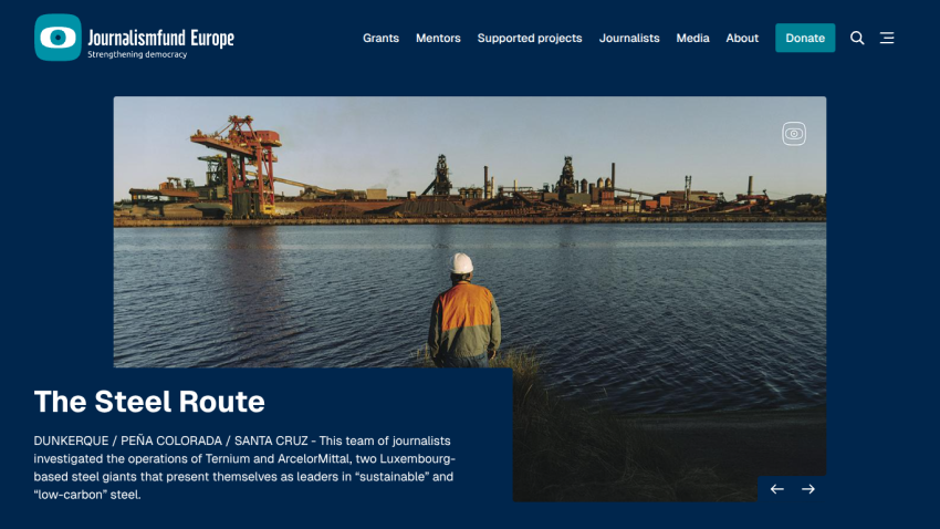 Journalismfund Europe website featuring The Steel Route investigation on sustainable steel by Ternium and ArcelorMittal