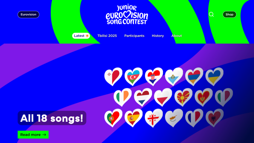 Junior Eurovision Song Contest homepage showing navigation and icons representing 18 participating countries
