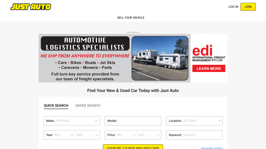 Just Auto homepage with vehicle search form and automotive logistics advertisement