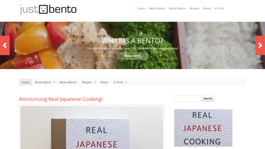 Website about portable bento box meals with navigation and announcement of real Japanese cooking book