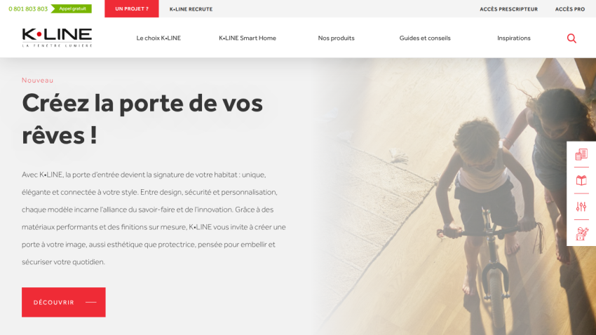 K•LINE homepage promoting customizable, elegant, and secure entry doors with a call-to-action button