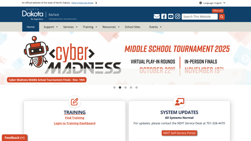 North Dakota EduTech homepage featuring Cyber Madness Middle School Tournament 2025 with training and system updates sections